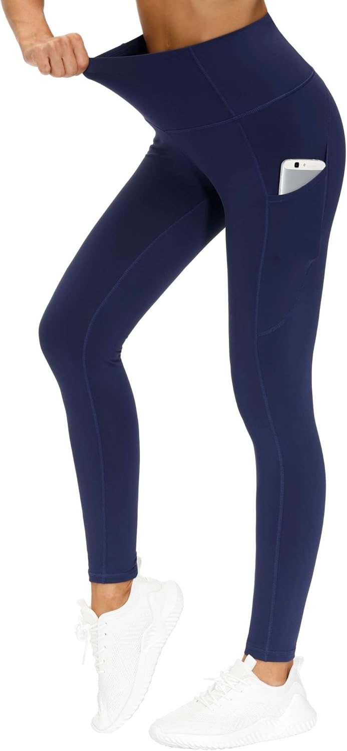 Women's High Waisted Yoga Leggings with Pockets - Thick Tummy Control Workout Pants Blue