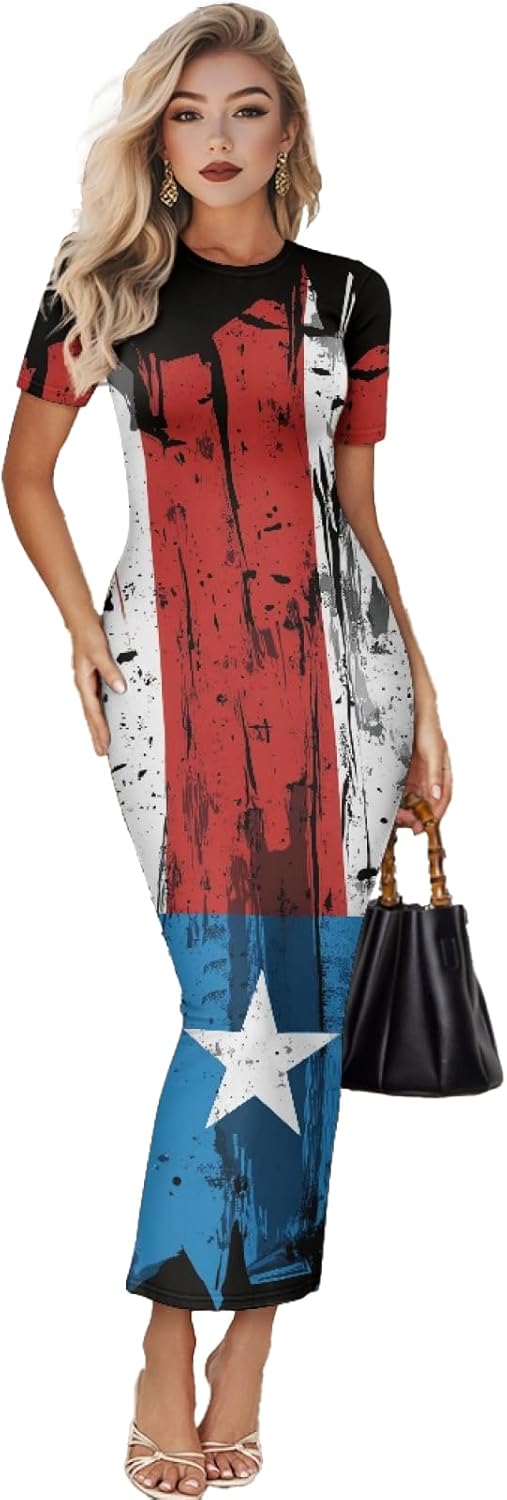 Women's Jamaican Flag Bodycon Midi Dress Short Sleeve