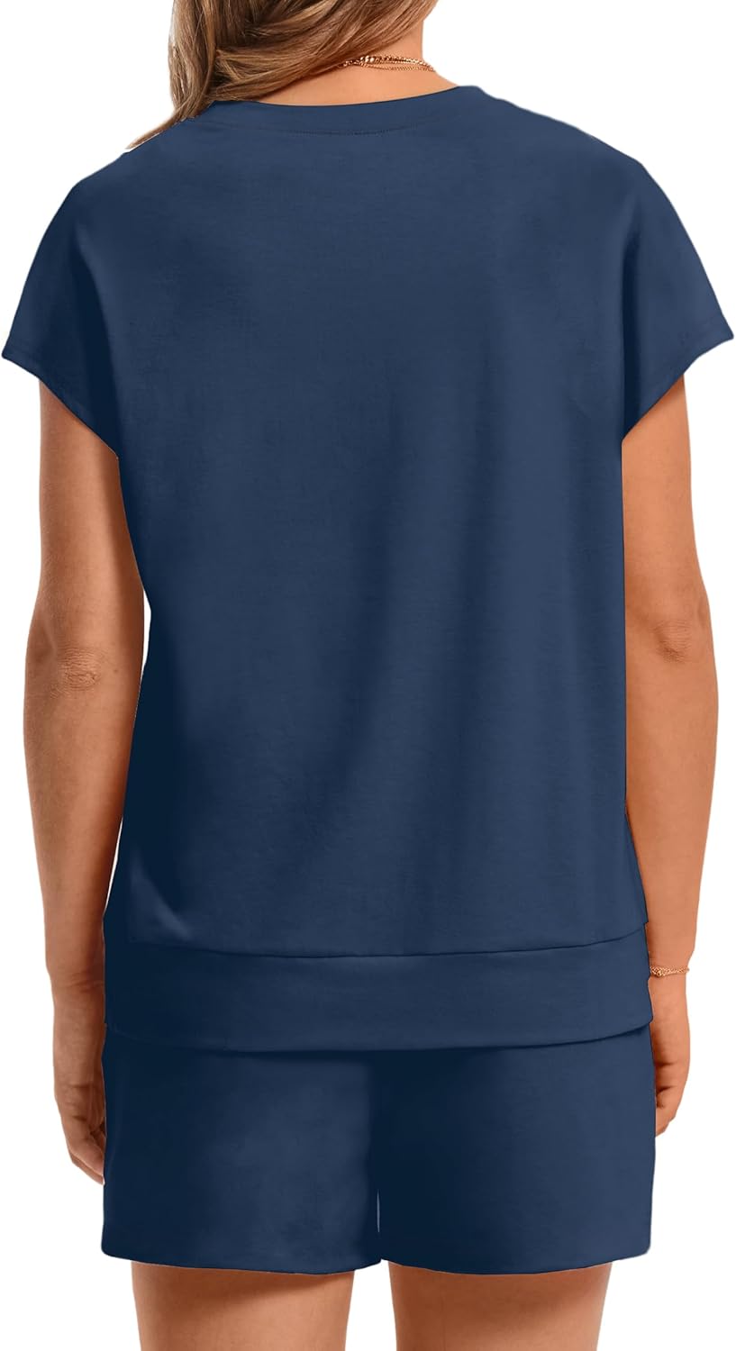 Women's 2 Piece Summer Lounge Set Crew Neck Short Sleeve Tracksuit