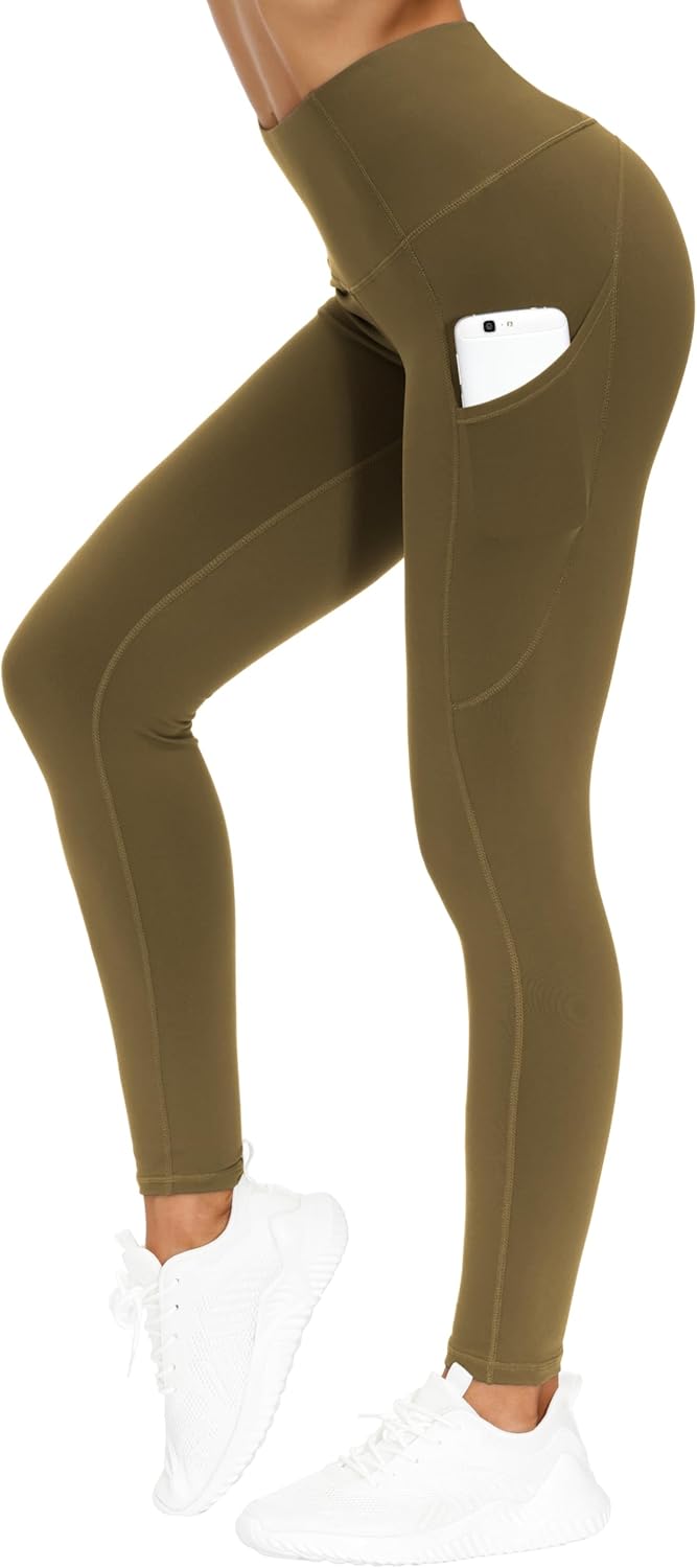 Women's High Waisted Yoga Leggings with Pockets - Thick Tummy Control Workout Pants Green Brown