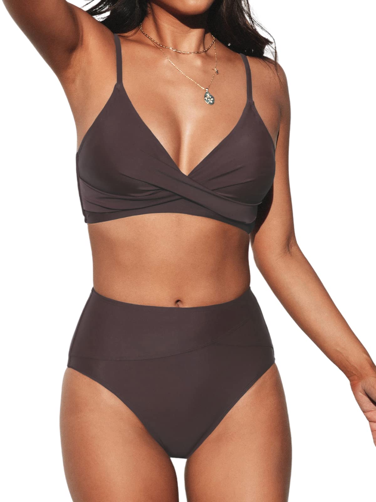 Women's High Waisted Bikini Set - V Neck Twist Front Two Piece Swimsuit with Adjustable Straps Brown