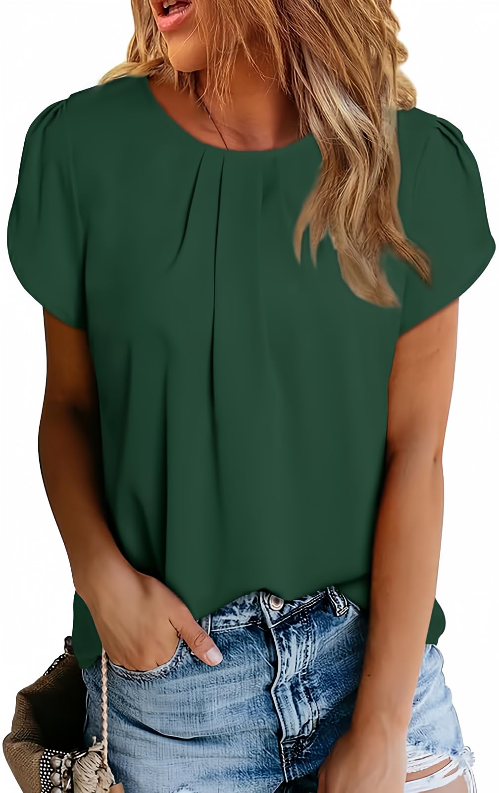 Polyester Blouses - Women's Chiffon Blouse Short Sleeve Pleated Top with Keyhole Back Detail