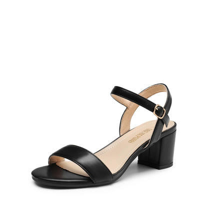 Women's Low Block Heel Sandals - Open Toe Ankle Strap Chunky Heels with Buckle Black-pu