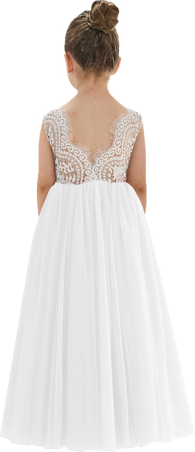 2Bunnies Girl Peony Lace Back A-Line Straight Tutu Tulle Party Flower Girl Dress #1 White Sleeveless Maxi