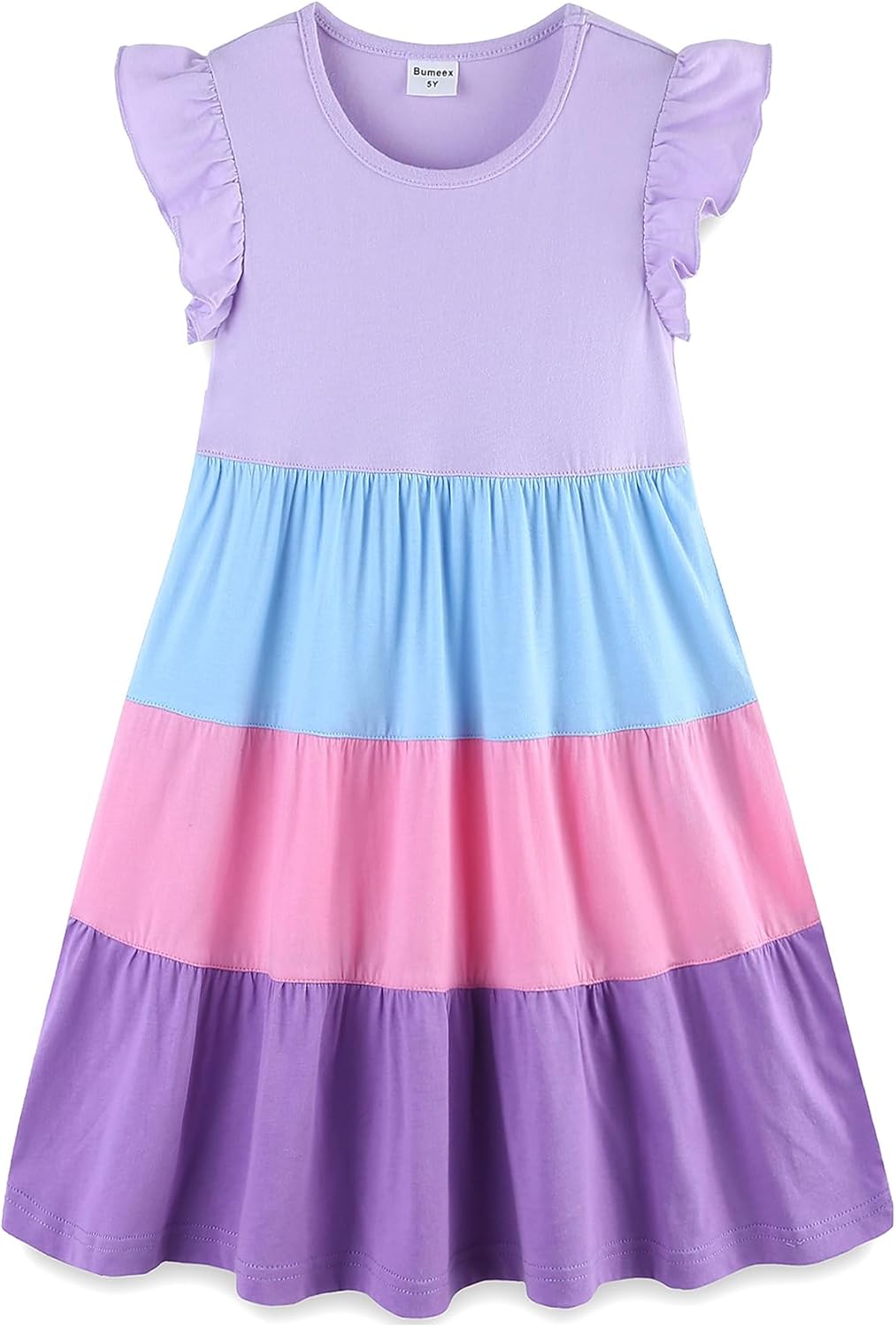 Girls Cotton Dress - Ruffle Sleeve Tiered A-Line Midi Sundress