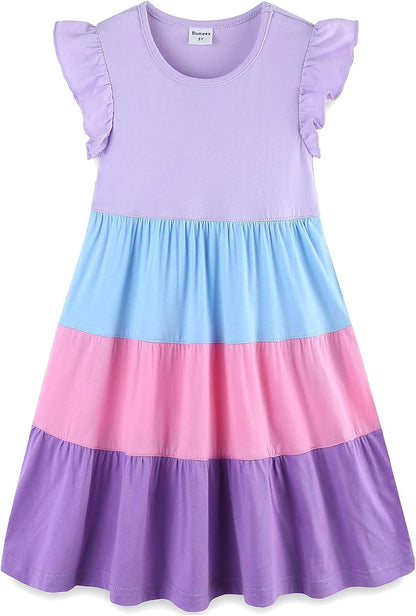 Girls Cotton Dress - Ruffle Sleeve Tiered A-Line Midi Sundress Lilac