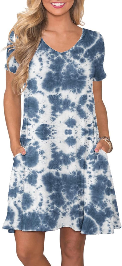 Women's Casual T-Shirt Dress Short Sleeve Summer Swing Dress with Pockets Blue Tie-dye