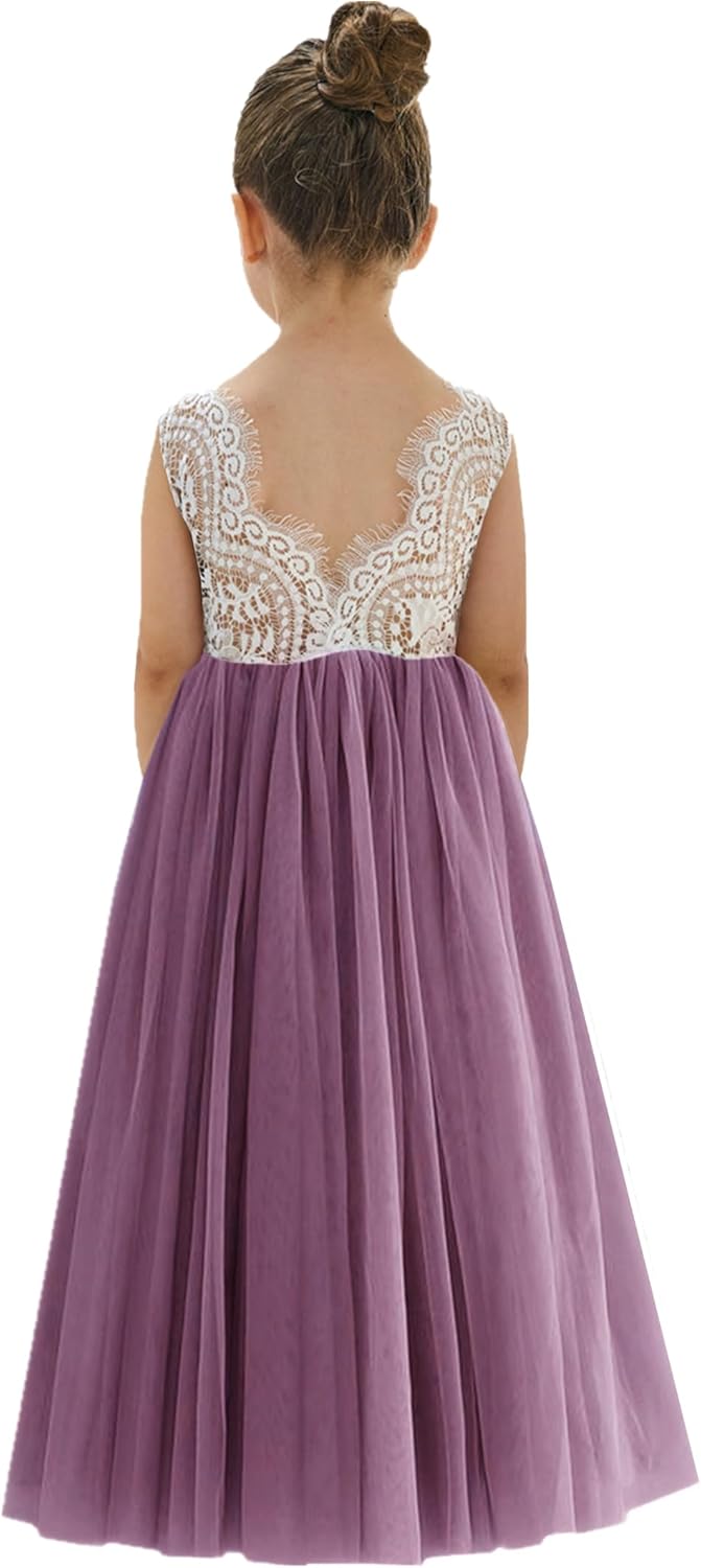 Girls Tulle Flower Girl Dress - Lace Back A-Line Party Dress Mauve Sleeveless Maxi