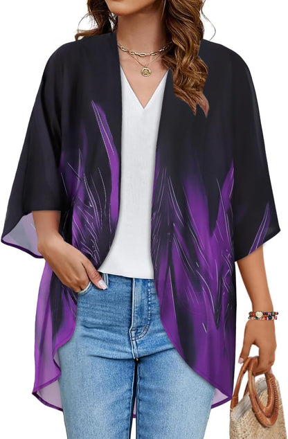 Floral Print Kimono Cardigan Women Puff Sleeve Cover Up Casual Blouse Loose Top Small Turbo Purple Black
