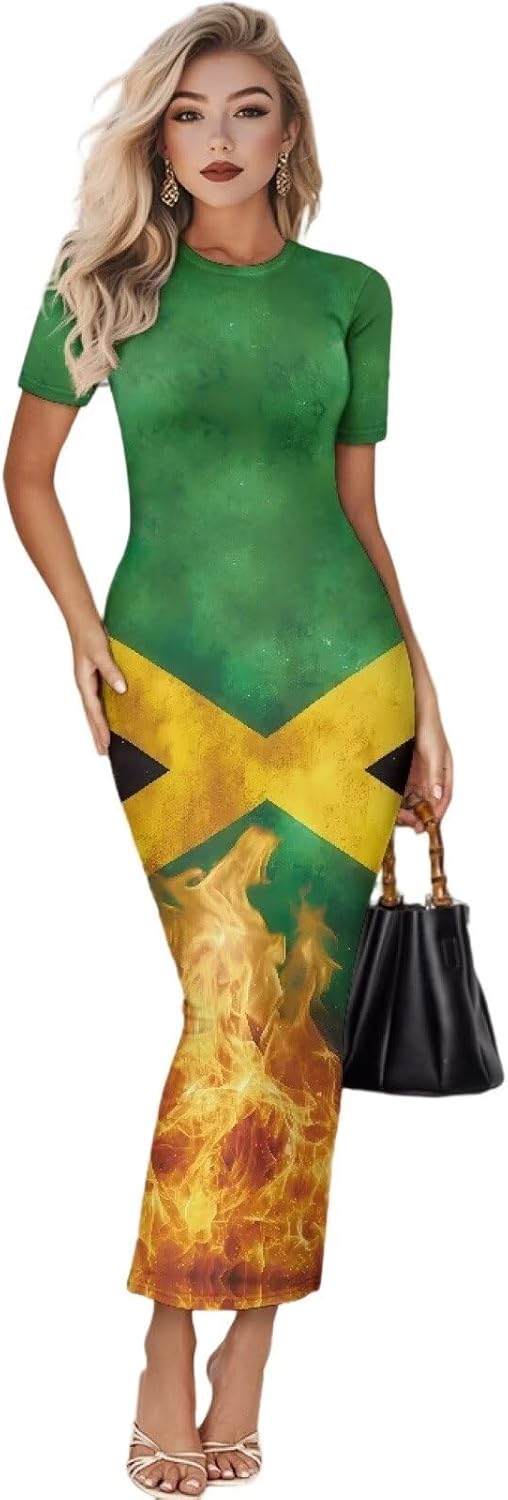 Women's Jamaican Flag Bodycon Midi Dress Short Sleeve