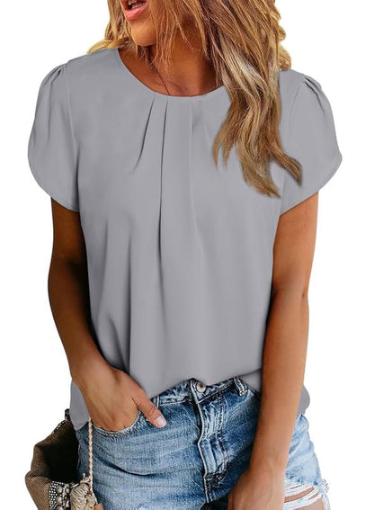 Polyester Blouses - Women's Chiffon Blouse Short Sleeve Pleated Top with Keyhole Back Detail