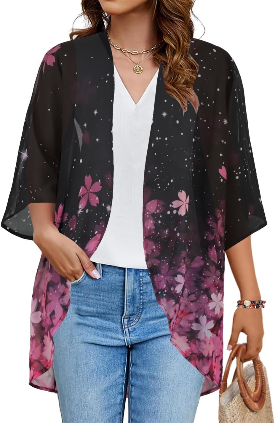 Floral Print Kimono Cardigan Women Puff Sleeve Cover Up Casual Blouse Loose Top
