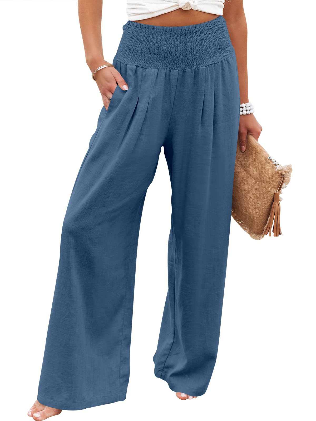 Linen Palazzo Pants Women Wide Leg High Waist Summer Boho Casual Lounge Pants