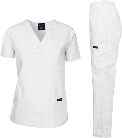 Medical Scrubs Set Unisex - V-Neck Top and Elastic Waist Pants Uniform for Healthcare Workers White