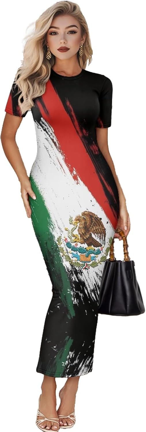 Women's Jamaican Flag Bodycon Midi Dress Short Sleeve