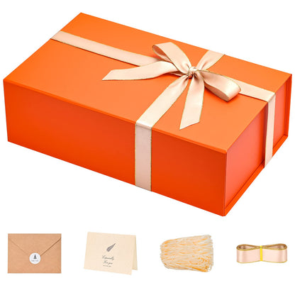 Gift Boxes with Lids 2 Pack - Magnetic Closure with Ribbon, Card, Filler & Sticker 1 Count (Pack of 1) Orange