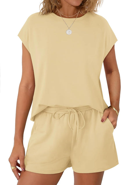 Women's 2 Piece Summer Lounge Set Crew Neck Short Sleeve Tracksuit