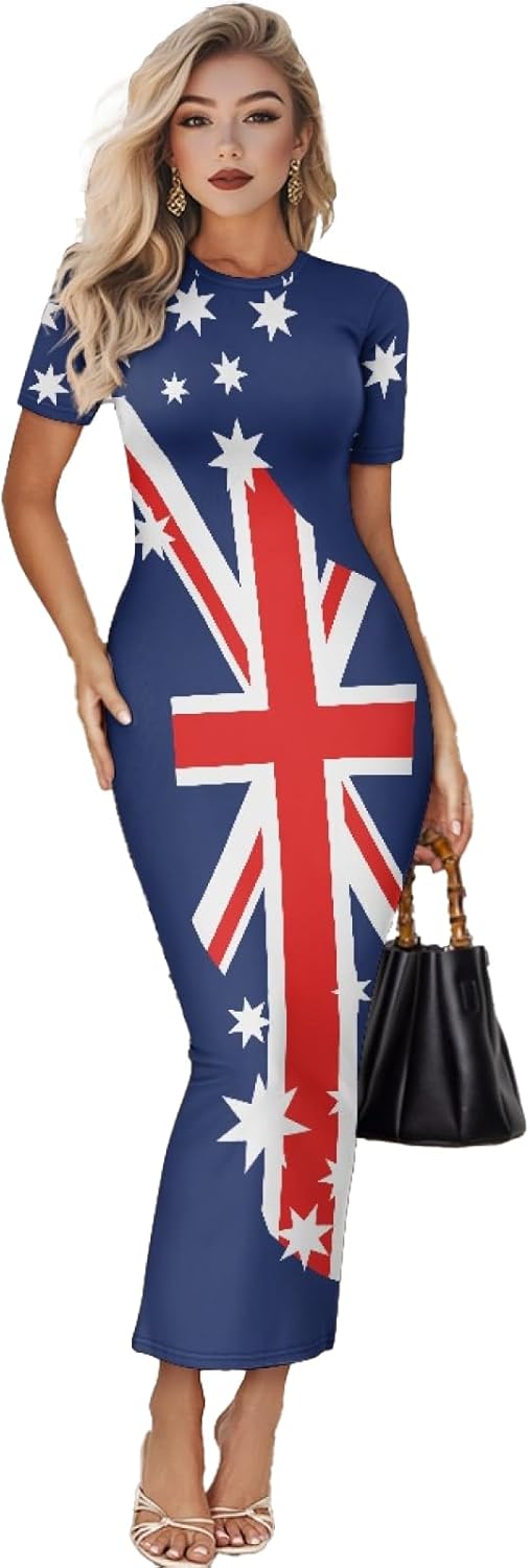 Women's Jamaican Flag Bodycon Midi Dress Short Sleeve
