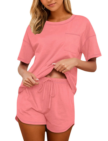 Women's Cotton Pajama Set - Short Sleeve Top and Shorts Sleepwear Lounge Set Blush Red