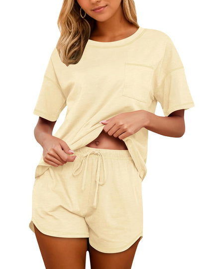 Women's Cotton Pajama Set - Short Sleeve Top and Shorts Sleepwear Lounge Set Apricot