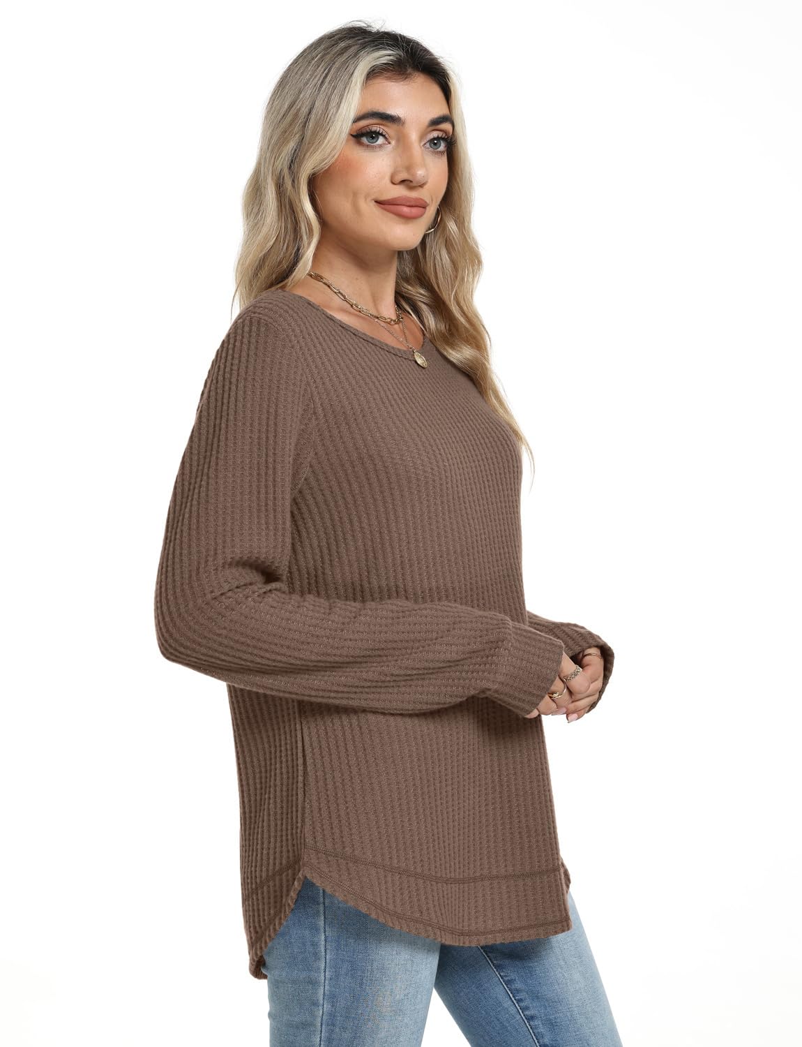 Women's Tunic Tops - Loose Fit Waffle Knit Long Sleeve Crewneck Sweaters