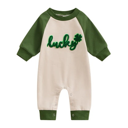 Baby Halloween Pumpkin Patch Romper - Long Sleeve Fall Winter Jumpsuit Embroidery Shamrock Green St. Patrick's Day