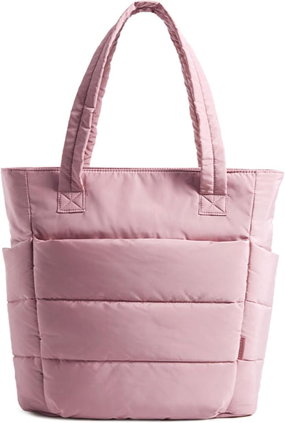 Women's Quilted Tote Bag Lightweight Puffy Shoulder Bag with Compartments D-dark Pink-slim Size Slim Size