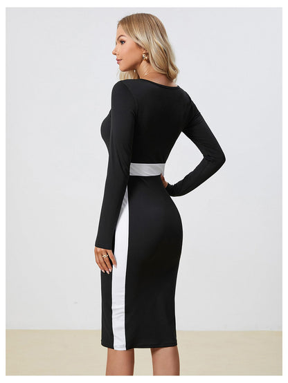 Women Midi Dress - Color Block Square Neck Long Sleeve Bodycon Dress