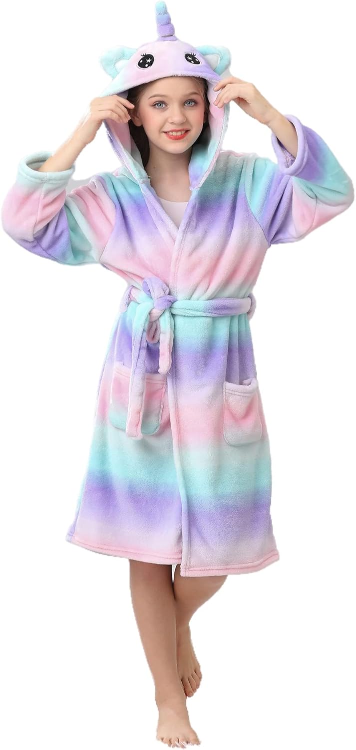 Girls Hooded Fleece Bathrobe - Soft Plush Warm Robe for Kids 3-14 Years Galaxy Unicorn