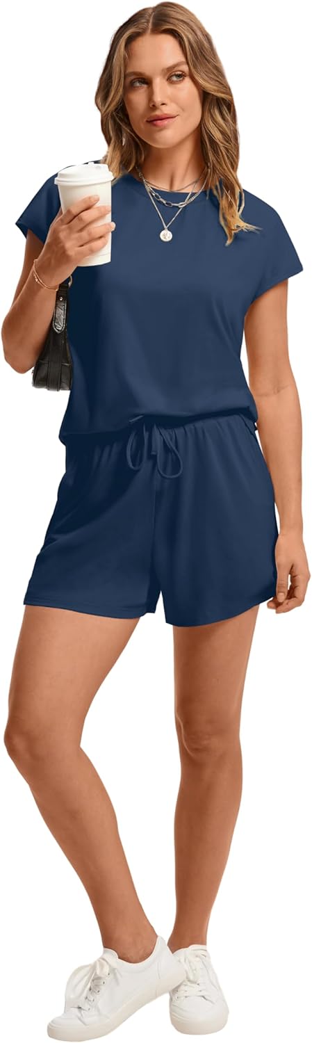 Women's 2 Piece Summer Lounge Set Crew Neck Short Sleeve Tracksuit