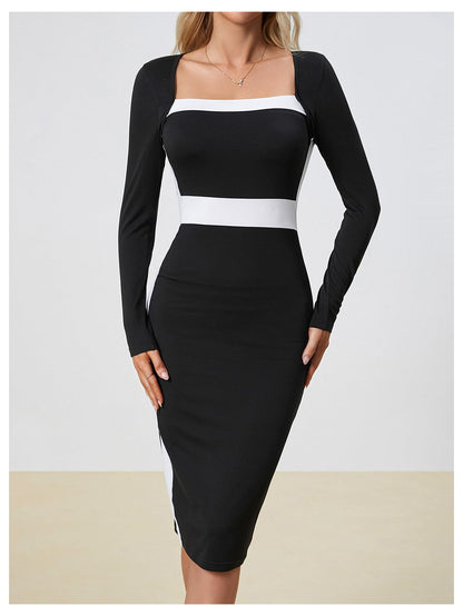 Women Midi Dress - Color Block Square Neck Long Sleeve Bodycon Dress