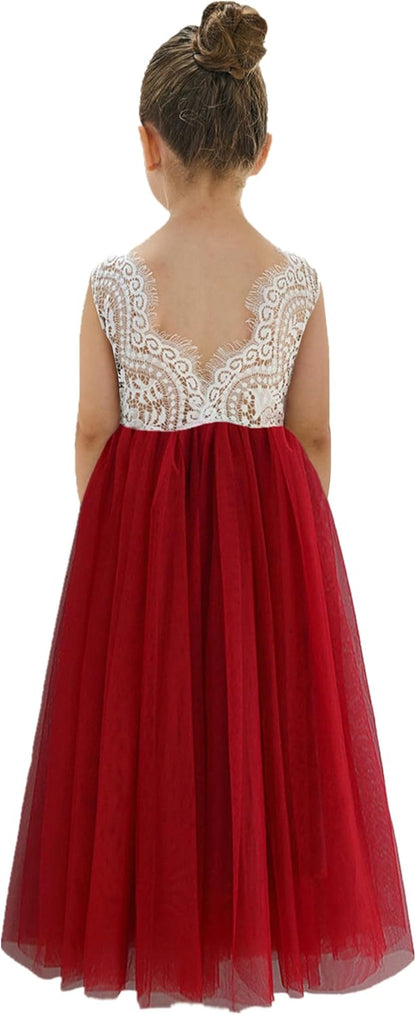 Girls Tulle Flower Girl Dress - Lace Back A-Line Party Dress