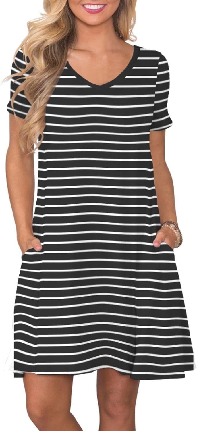 Women's Casual T-Shirt Dress Short Sleeve Summer Swing Dress with Pockets Black White Strips