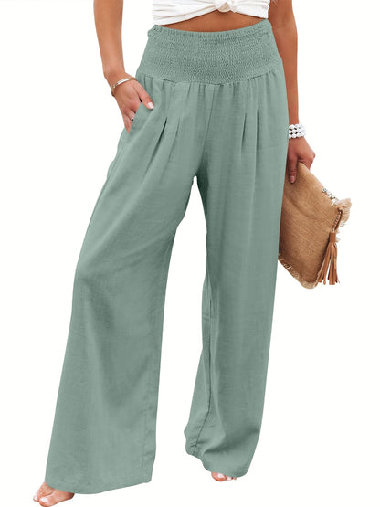 Linen Palazzo Pants Women Wide Leg High Waist Summer Boho Casual Lounge Pants Green Blue