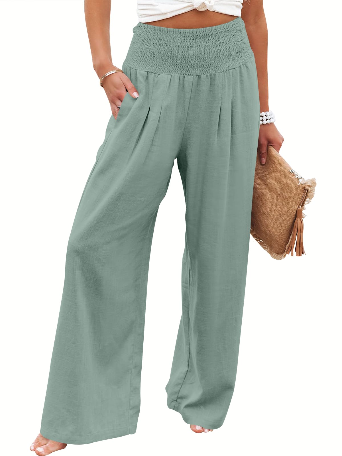 Linen Palazzo Pants Women Wide Leg High Waist Summer Boho Casual Lounge Pants