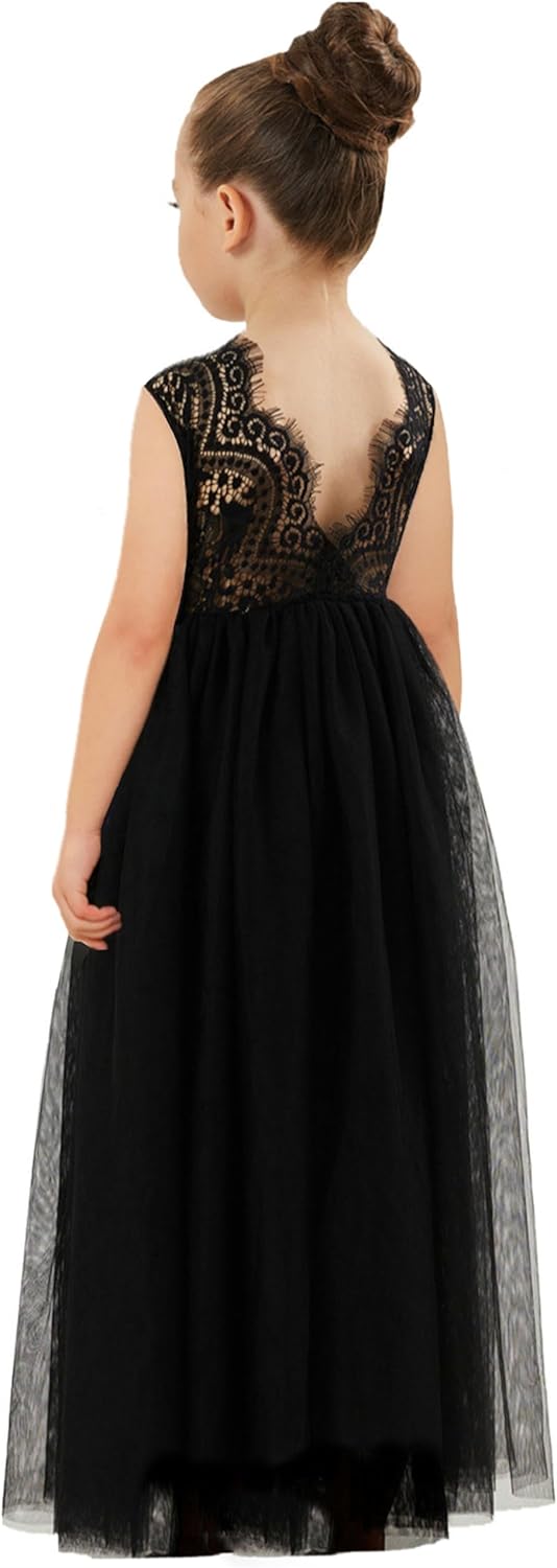 Girls Tulle Flower Girl Dress - Lace Back A-Line Party Dress