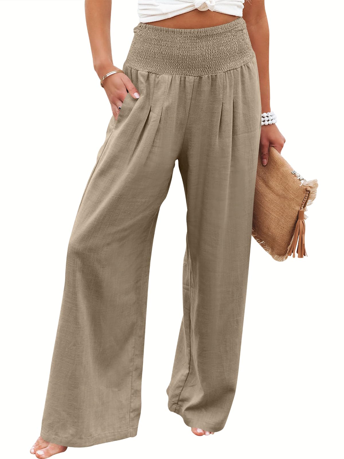 Linen Palazzo Pants Women Wide Leg High Waist Summer Boho Casual Lounge Pants Brown