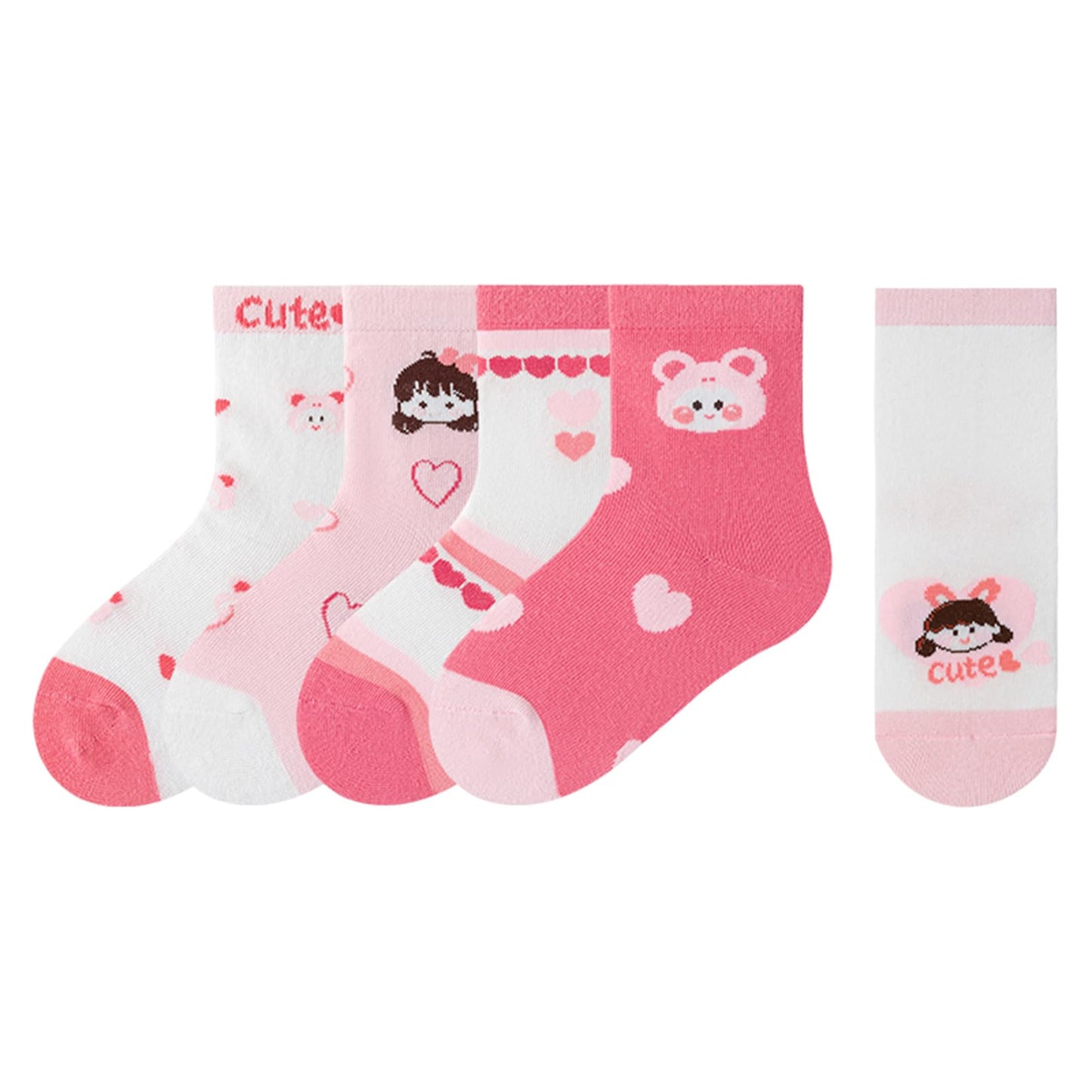 Girls Cotton Crew Socks 5 Pack - Cartoon Bunny Animal Socks for Kids Ages 2-12 Girl and Heart