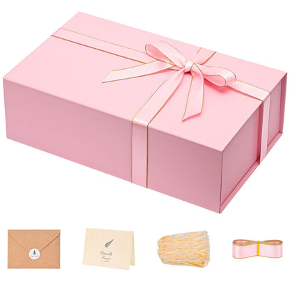 Gift Boxes with Lids 2 Pack - Magnetic Closure with Ribbon, Card, Filler & Sticker 1 Count (Pack of 1) Pink