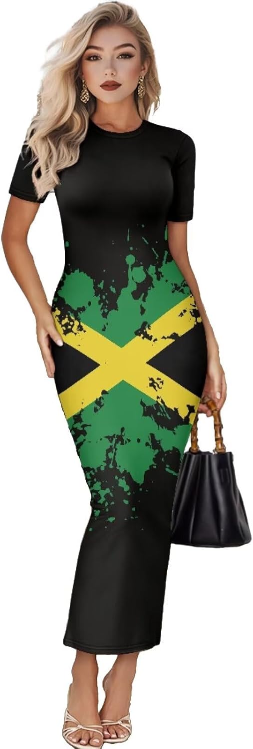 Women's Jamaican Flag Bodycon Midi Dress Short Sleeve