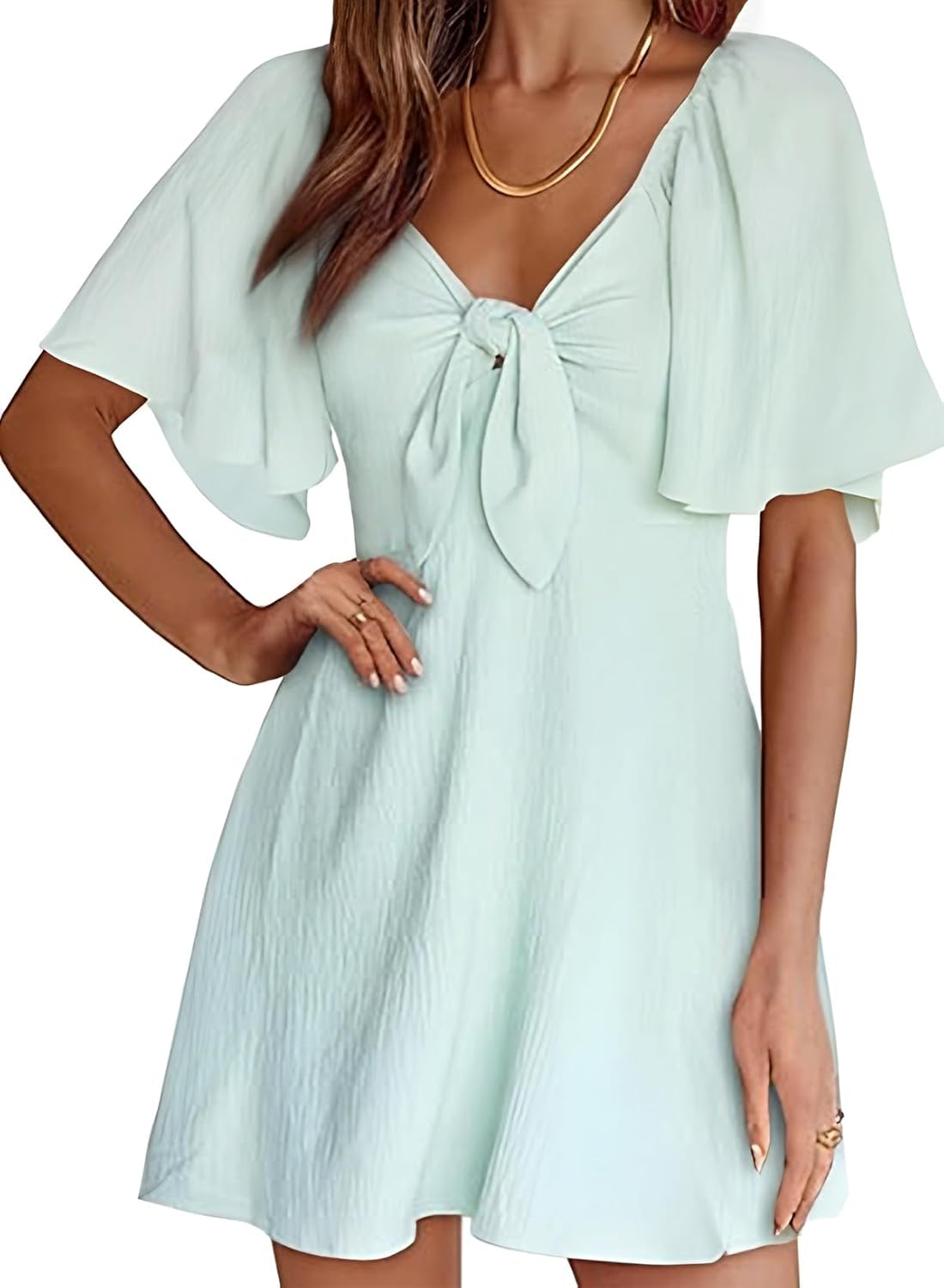 Women's Deep V-Neck Mini Dress with Bow Tie - Elegant Summer Fall Outfit A Green