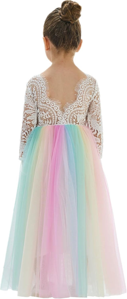 Girls Tulle Flower Girl Dress - Lace Back A-Line Party Dress Rainbow Unicorn Sleeve Maxi
