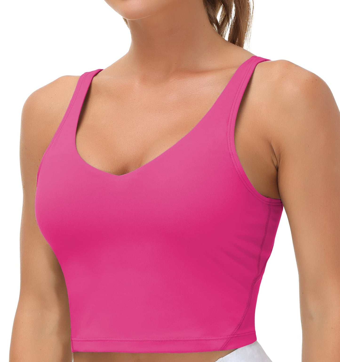Longline Sports Bra Women Wirefree Padded Medium Support Workout Bra Bright Pink