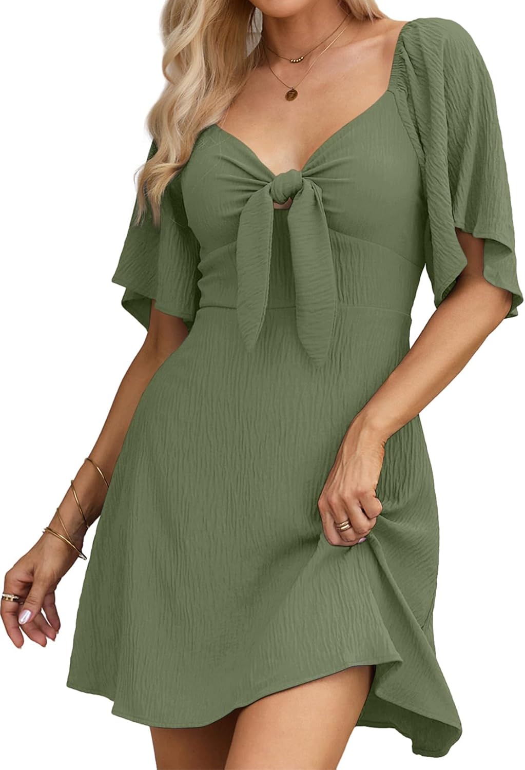 Women's Deep V-Neck Mini Dress with Bow Tie - Elegant Summer Fall Outfit