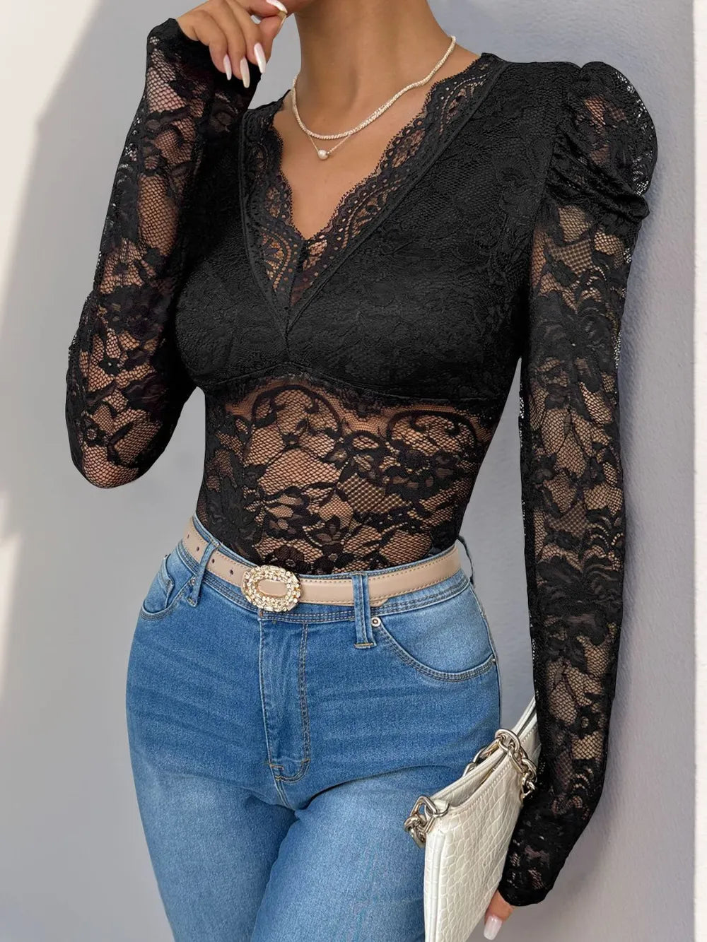 Perfee Lace V-Neck Long Sleeve Bodysuit Black