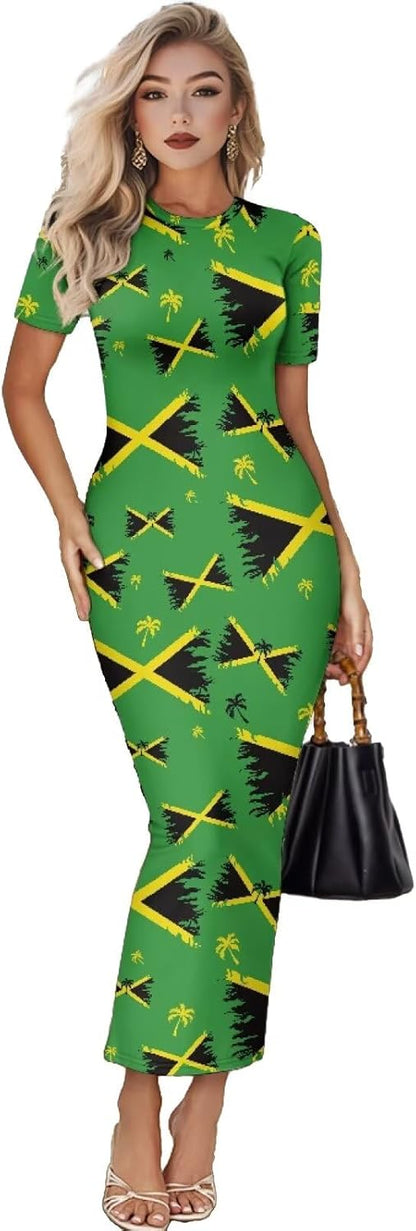 Women's Jamaican Flag Bodycon Midi Dress Short Sleeve Heart Jamaica Flag Palm