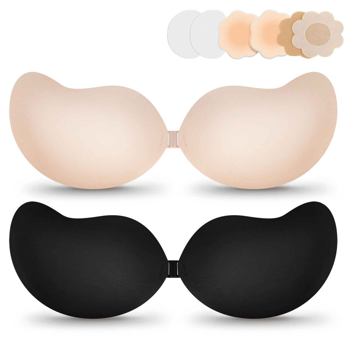 Strapless Backless Adhesive Push Up Bra - Invisible Sticky Bra with Nipple Covers Beige+black