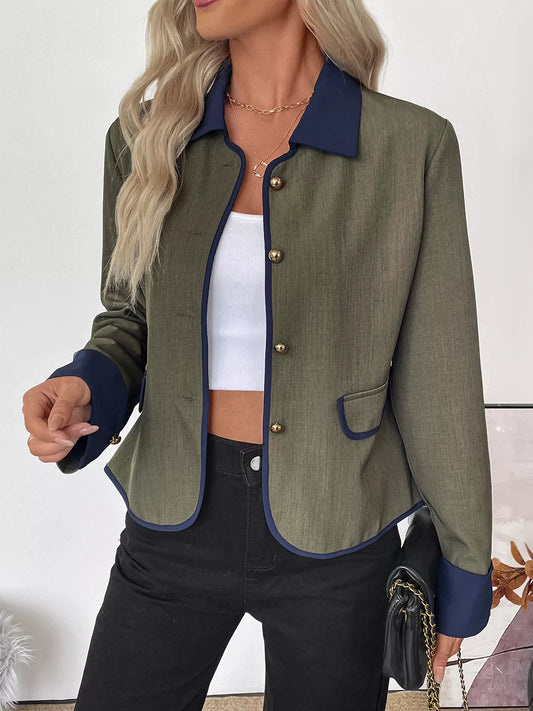 Contrast Trim Button-Up Jacket Green