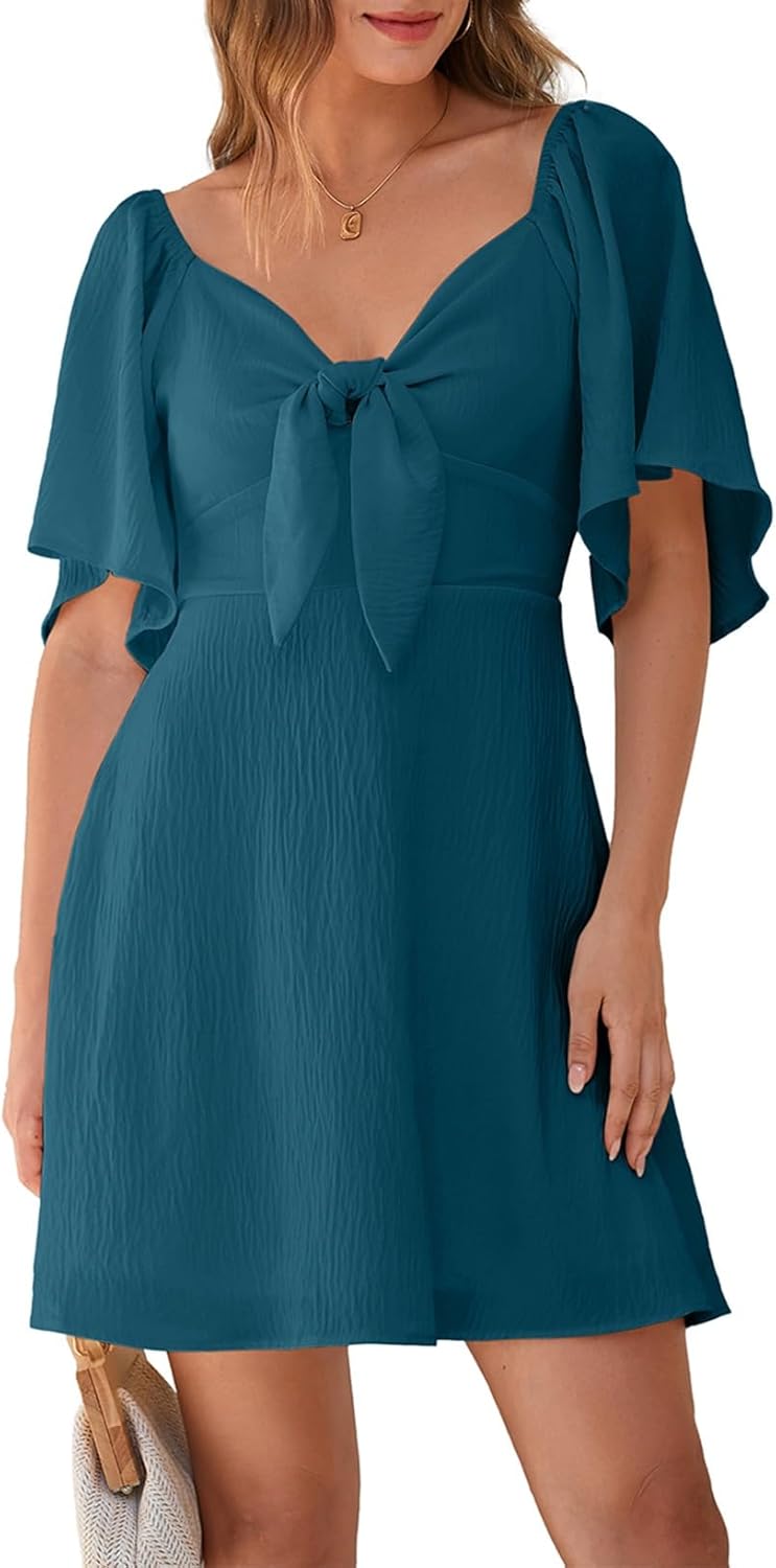 Women's Deep V-Neck Mini Dress with Bow Tie - Elegant Summer Fall Outfit