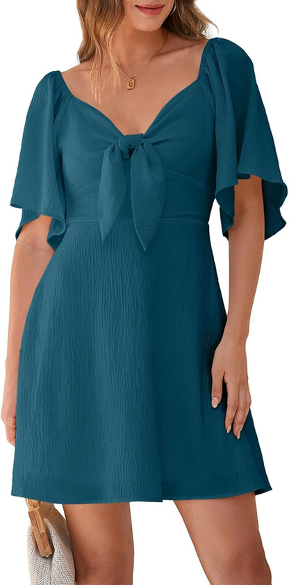 Women's Deep V-Neck Mini Dress with Bow Tie - Elegant Summer Fall Outfit Sea Green